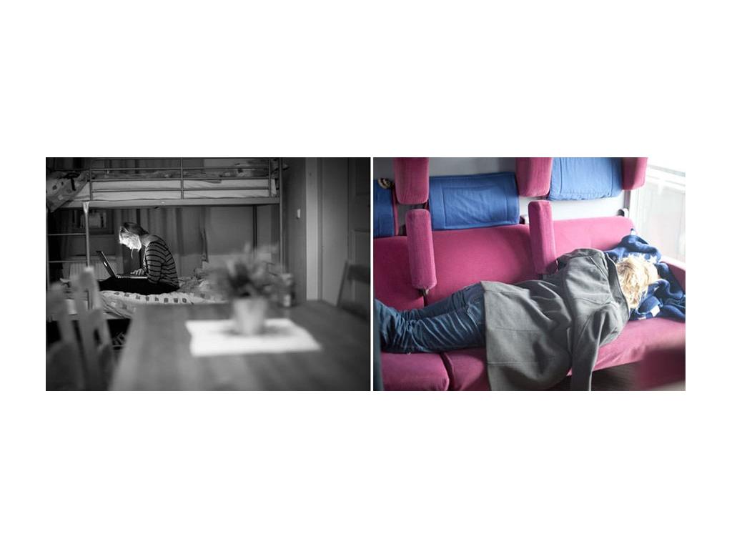 First photo: Tera sitting on bunkbed working on computer. Second photo: Tera sleeping on bus seats while backpacking