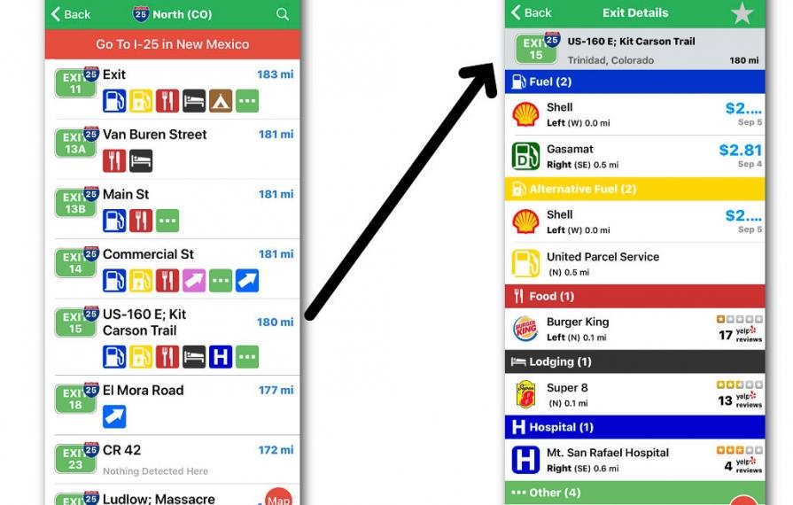 iExit showing nearby exits and services available