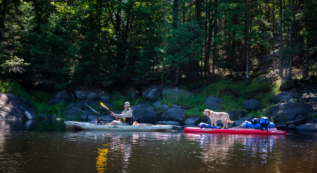 Peter Holcombe and Tucker Dog on paddle boards on the water.