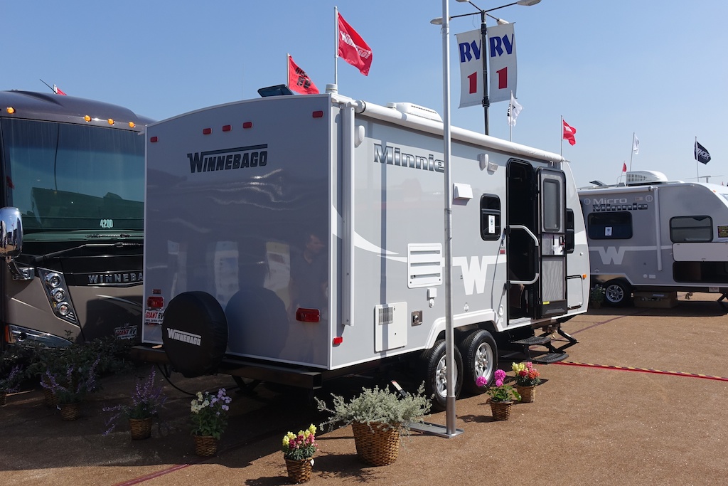 Exterior of a gray Winnebago Minnie.