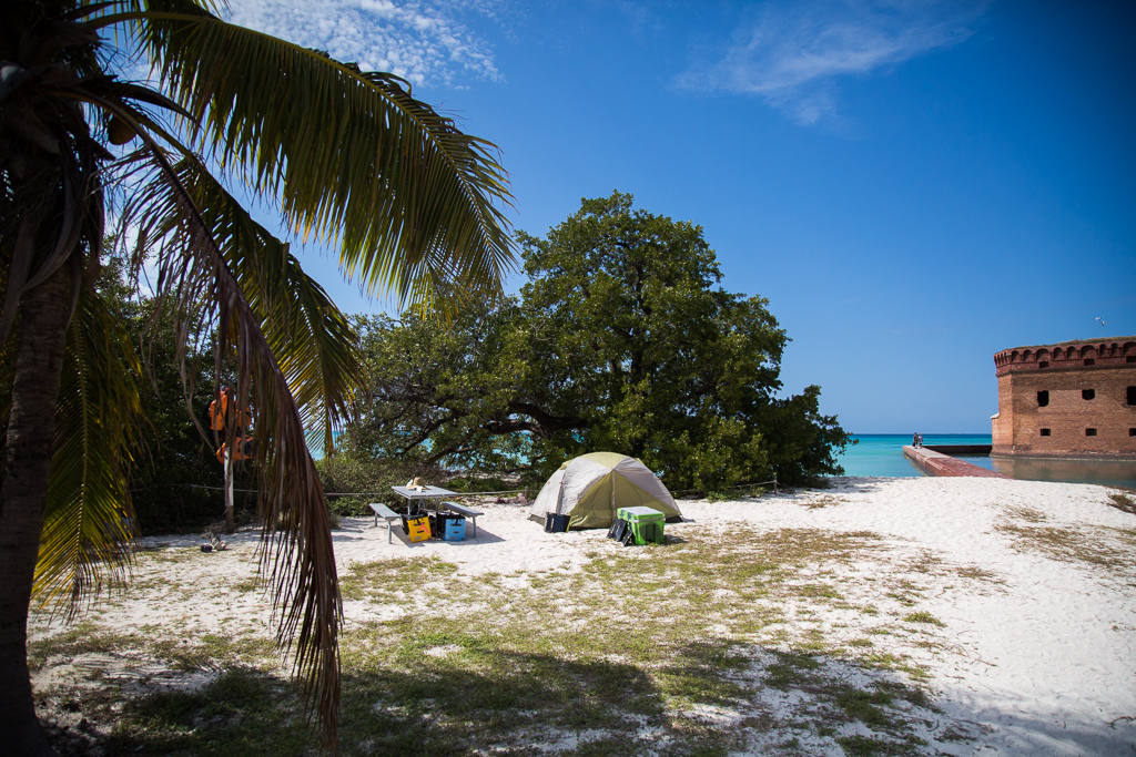 Tent set up next to a a picnic table at Fort Jefferson.
