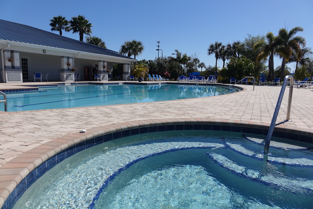 Large outdoor pool and hot tub at the resort.