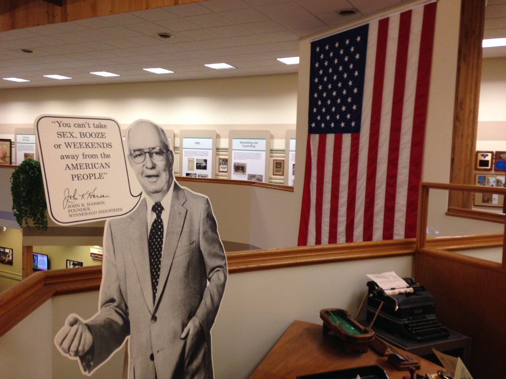 Cutout of John Hanson that displays his quote, "You can't take sex, booze or weekends away from the American people."