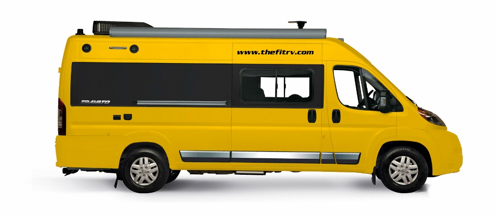 Yellow Winnebago Travato with www.thefitrv.com on the side.