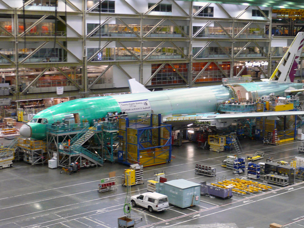 Plane being built at the Boeing factory.
