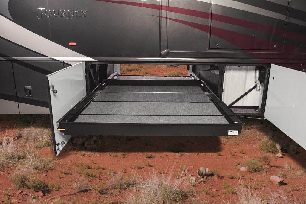 Exterior storage tray on the Winnebago Journey.