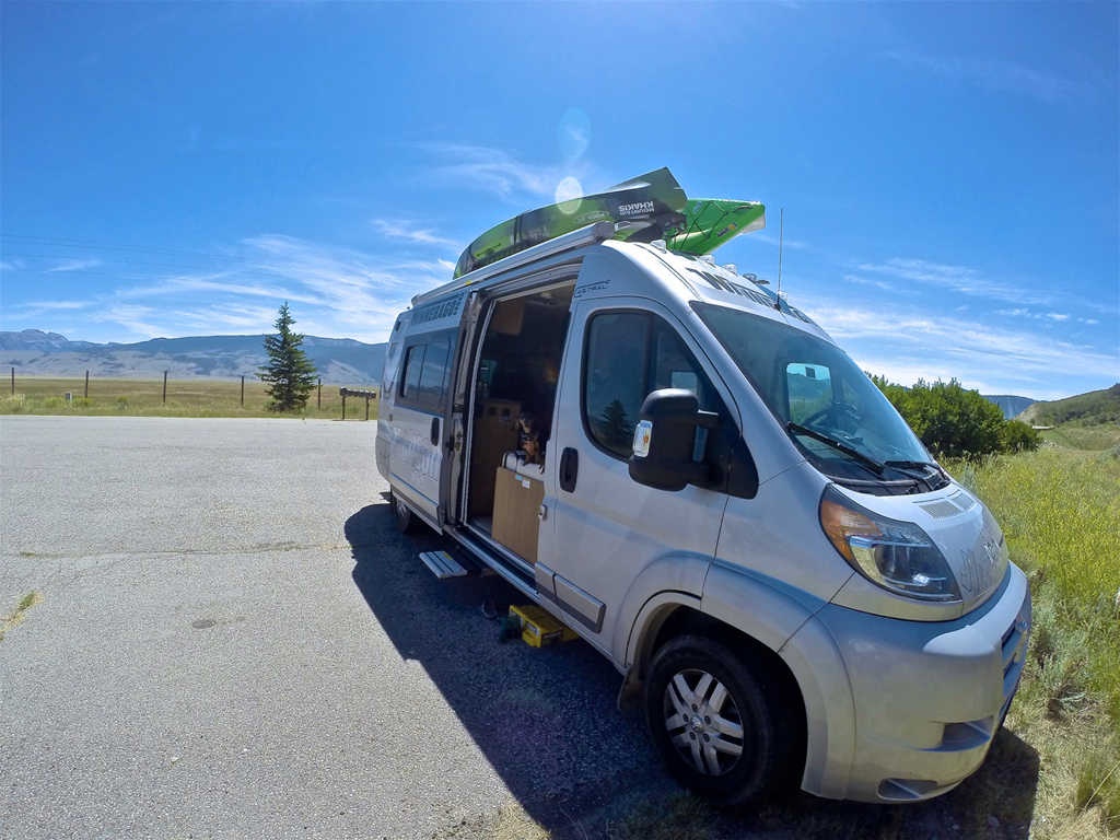 Kitchen and bathroom area of Winnebago Travato.