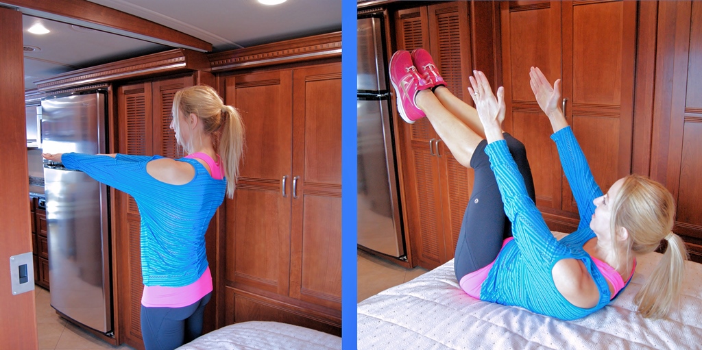 Stef standing next to a bed then falling on to a bed with arms in front of her.