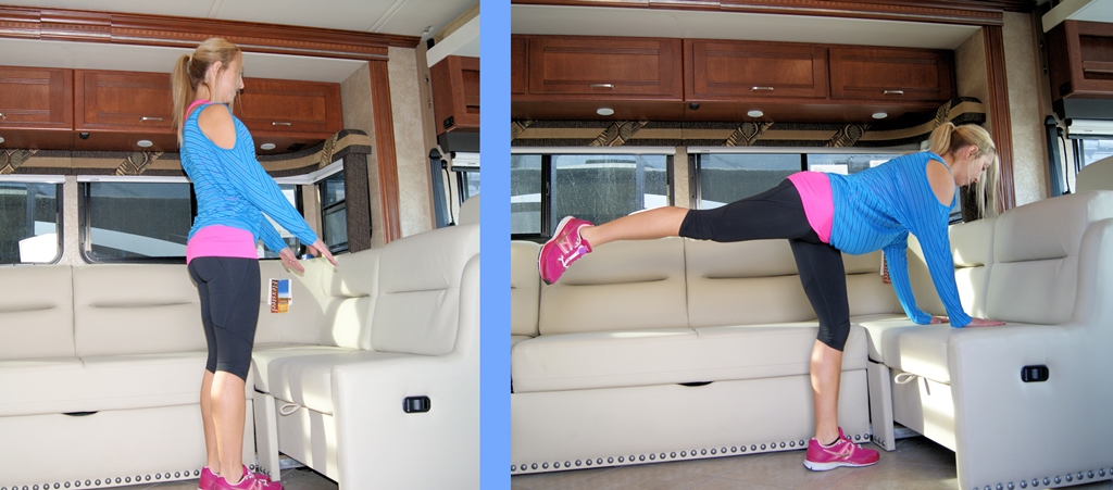 Stef bracing herself on a RV couch then doing a leg lift.