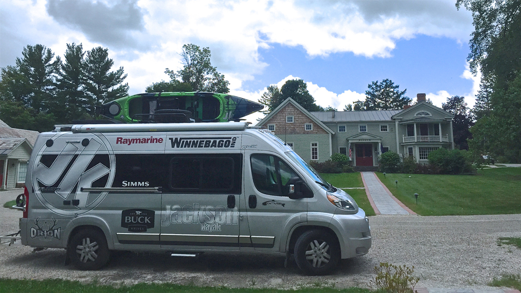 Winnebago Travato parked in front of the American Museum of Fly Fishing.