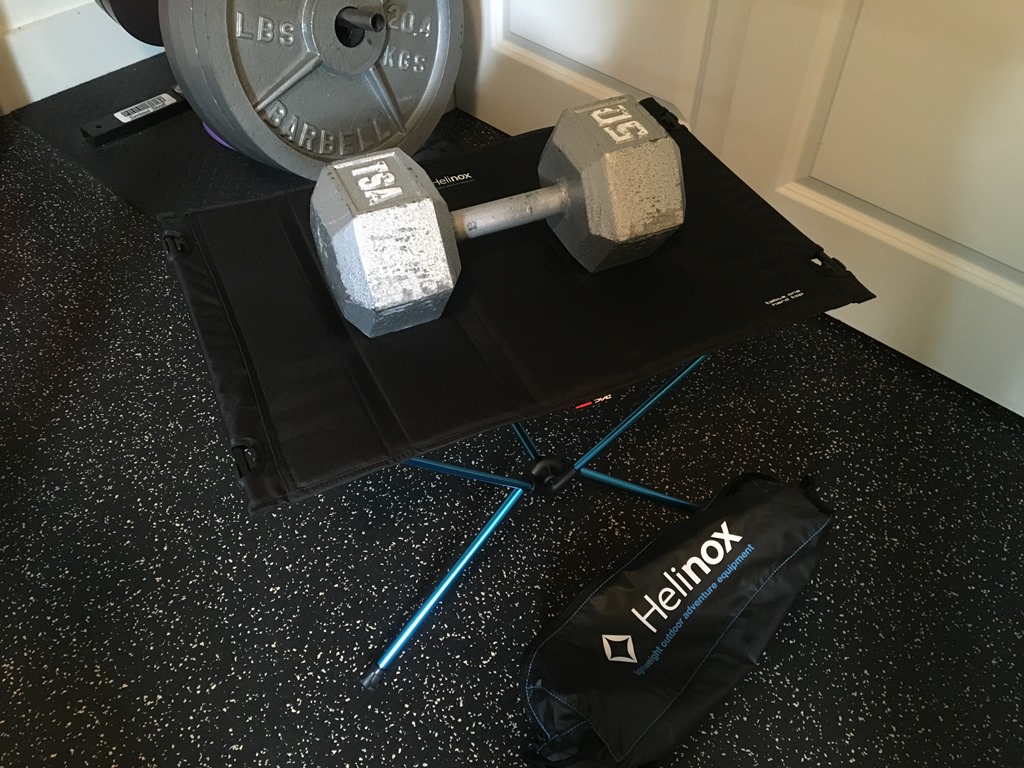 50 pound weight sitting on the table.