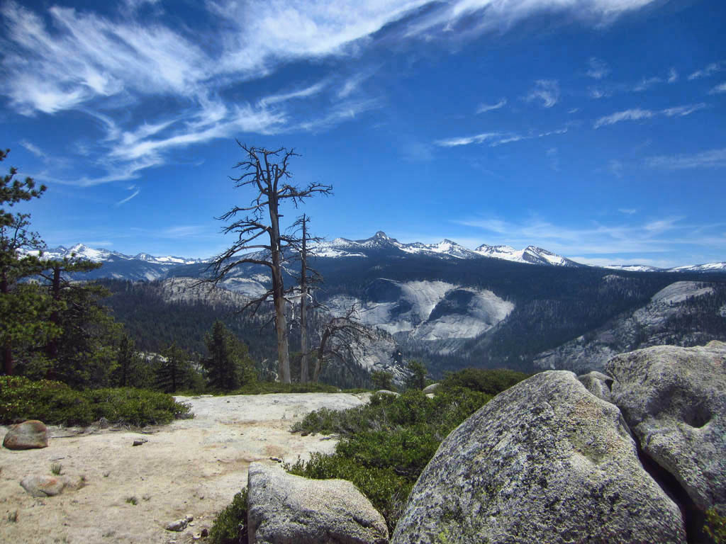 Tree covered hills with snow capped mountain range in sight.