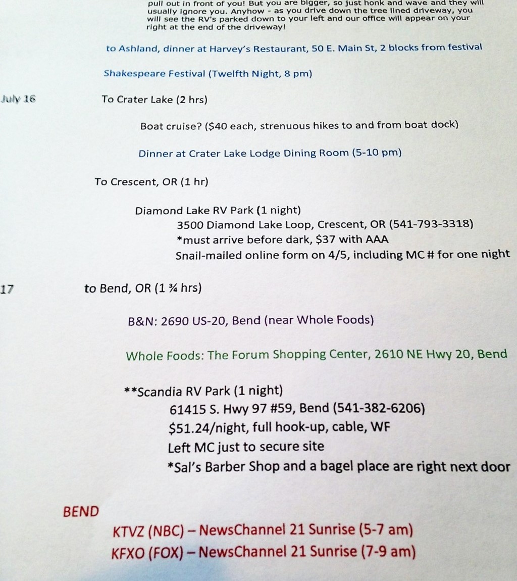 Small portion of an itinerary.