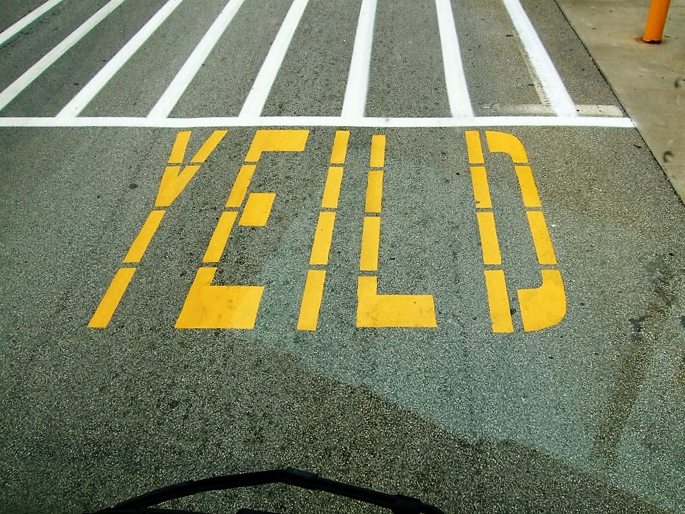 Yield spelled incorrectly painted on the ground in front of cross walk as"y-e-i-l-d"