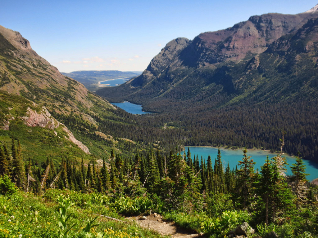 Lakes nestled in the valley of the mountains.