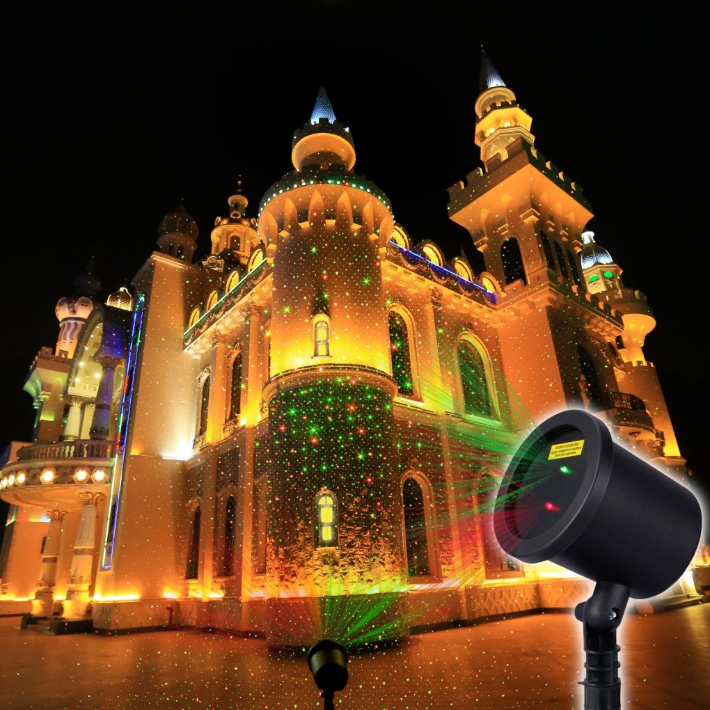 Laser landscape lights shown upon a building
