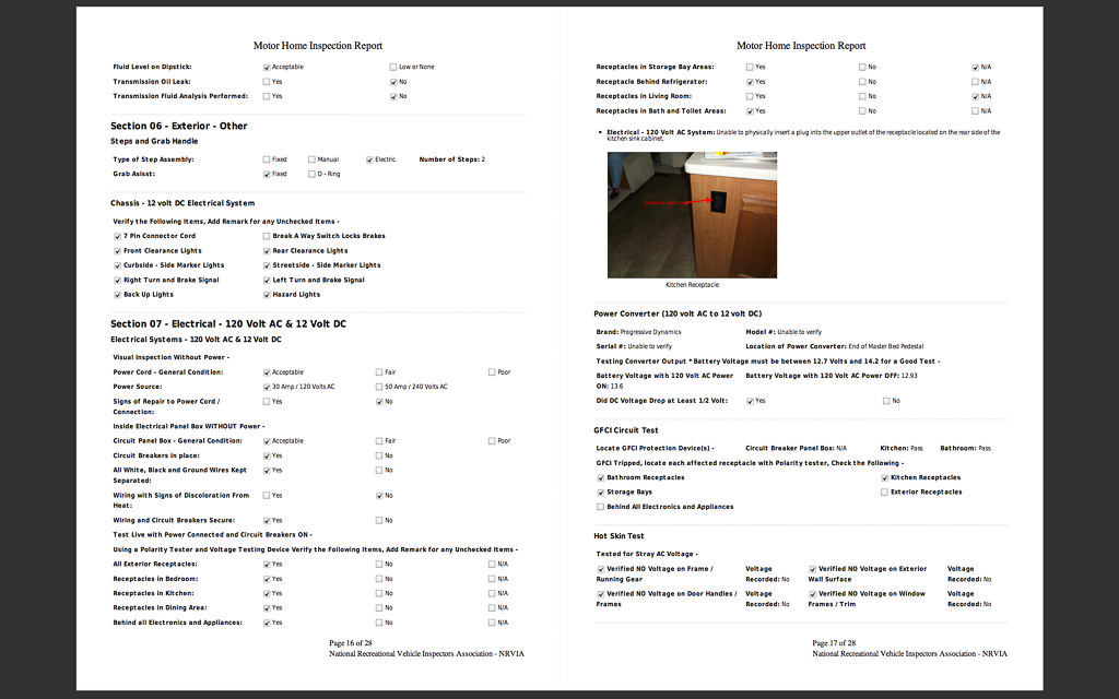 Motor Home Inspection Report with photos