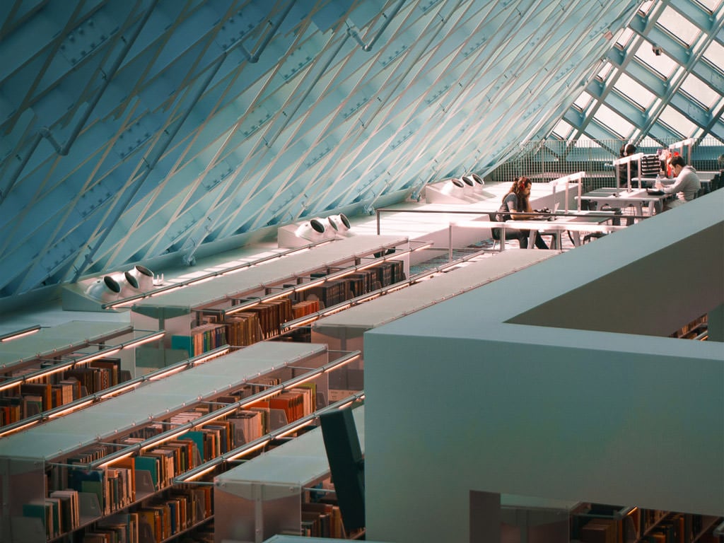 Interior shot of a public library as an example of ways to stay connected while on the road